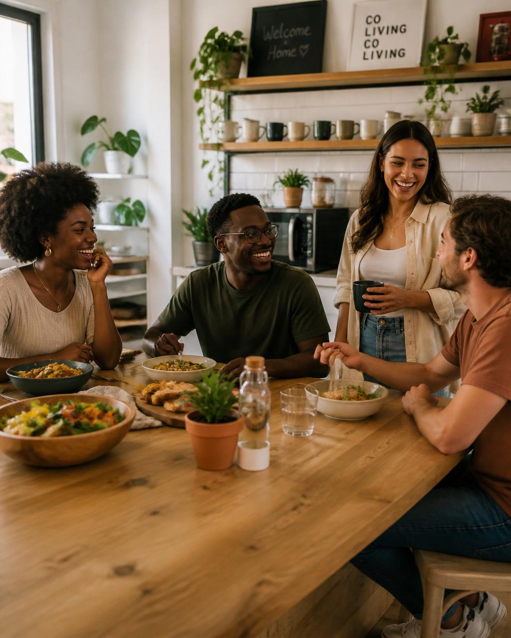 Residents sharing a meal in a bright co-living kitchen
