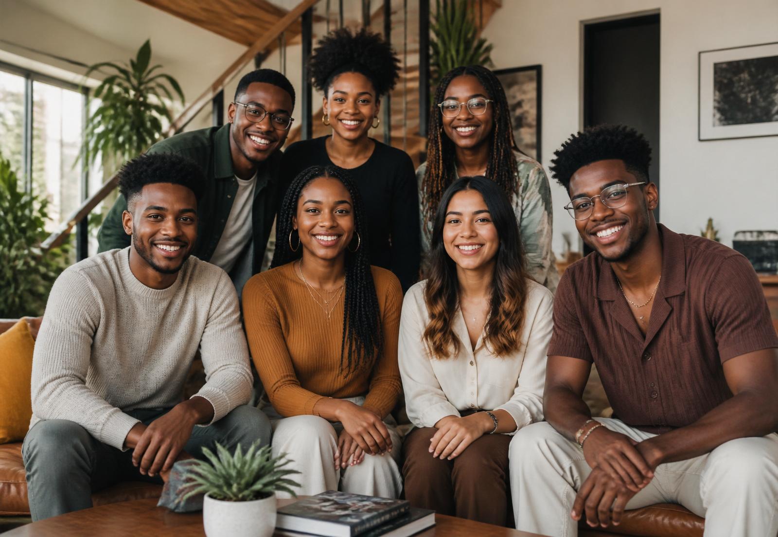 A diverse group of GB Legacy Living residents together in a bright shared home
